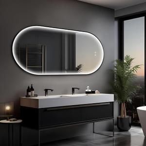 51"x27" Oval Led Mirror for Bathroom, Black Metal Framed Lighted Vanity Mirror with Lights, Anti-Fog Light Up Mirror with 3 Colors Dimmable, Frontlit, Shatterproof, Horizontal/Vertical