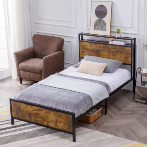 GAZHOME Twin XL Bed Frame, Platform Bed with 2-Tier Storage Headboard, Solid and Stable, Noise Free, No Box Spring Needed, Easy Assembly,Brown