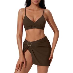 SUUKSESS Women Twist High Waisted Bikini Set Gold Metal Cover Up 3 Piece Swimsuits Sexy V Neck Bathing Suit with Skirt (Deep Brown, M)