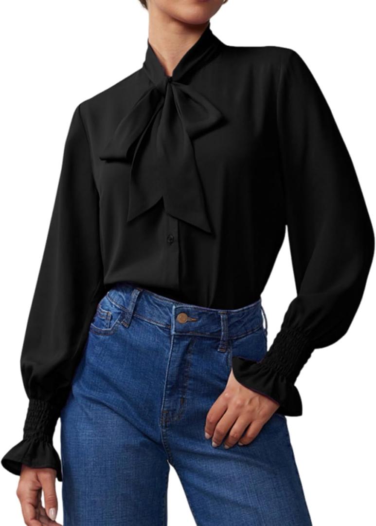 Neweek Chiffon Blouses for Women Bow Tie Neck Long Sleeve Dressy Casual Smocked Cuffed Shirts Office Work Blouse Elegant Tops (Large, Black)