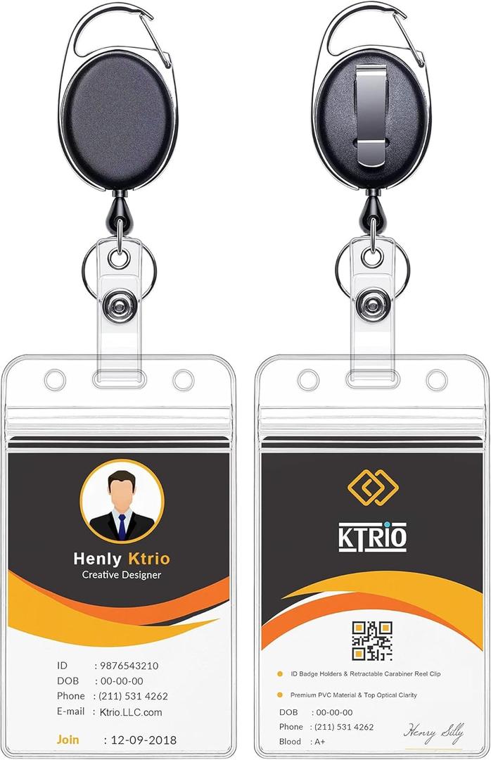 KTRIO ID Badge Holders with Metal Clip and Keyring - Vertical Clear Plastic ID Card Holders (2.5" x 3.4") - Retractable 24" Pull Cord for Office, School, 2 Pack