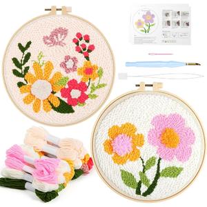Punch Needle Embroidery Kit for Beginners - Complete DIY Craft Set with Pre-Printed Pattern, Hoop, Yarn & Tools - Easy Adult Kids Art Project Gift