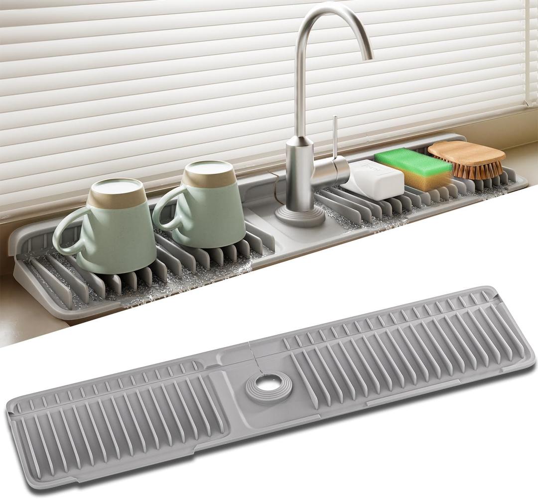 Faucet Mat for Kitchen Sink, 24 Inch Longer Silicone Sink Splash Guard, 7Slope Fast Self-draining, Fast Drying Tidy Faucet Mat Splash Guard