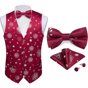 DiBanGu Mens Christmas Suit Vest Holiday Xmas Waistcoat Bowtie Set Party Suit Vest Christmas Holiday Waistcoat Tuxedo (Small, Burgundy Silver)