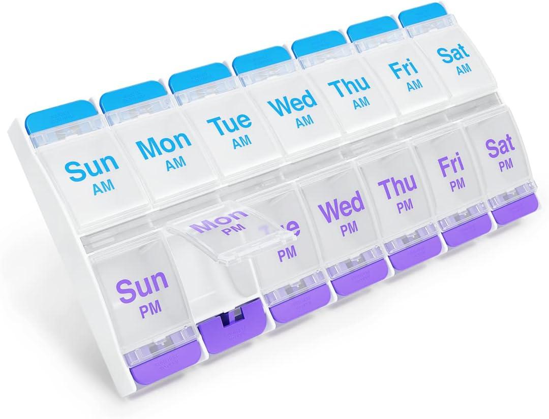 EZY DOSE Push Button (7-Day) Pill Case, Medicine Planner, Vitamin Organizer, 2 Times a Day AM/PM, X-Large Compartments, Arthritis Friendly, Clear Lids, Purple and Blue, BPA Free (Blue/Purple)