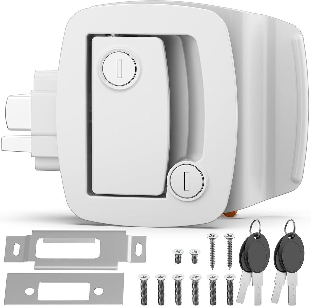 PAULINN White RV Door Lock Replacement, Upgraded 100% Metal Door Handle Latch with Paddle Deadbolt fits Camper, Travel Trailer, Horse, Cargo Hauler 4 Keys