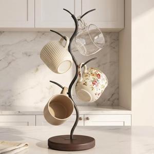 Coffee Mug Tree Holder, Coffee Mug Rack Storage for Countertop, Cup Stand Leaf Shaped Iron Metal + Wooden Base Mugs Holders, Coffee Counter Tea Bar Decor Display Accessory & Kitchen Organizer