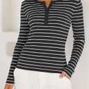 ZESICA Womens Long Sleeve Striped Shirts V Neck Button Up Sweater Casual Loose Basic Tops Trendy Spring Clothes (Black, M)