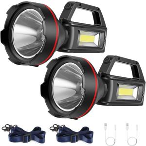 Rechargeable Spotlight Flashlight, High Lumens Handheld Spotlight,LED Searchlight with Shoulder Strap and USB Output for During Hurricane,Emergency, Storms,Hunting , Hiking, Camping(Black Pack of 2)