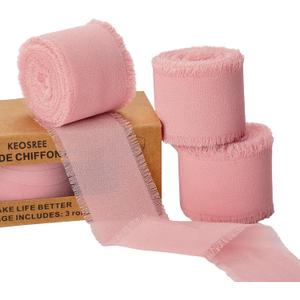 KEOSREE 3 Rolls Blush Pink Handmade Chiffon Ribbon,1.5" x 21Yd Frayed Fringe Silk Ribbons (3 Rolls *7Yd) for Gifts Wrapping, Wedding Invitations, Bridal Bouquets, Decorations
