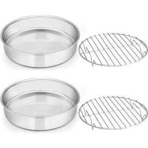 E-far 8-inch Round Cake Pan with Rack Set, Stainless Steel Cake Pans Tins and Baking Cooling Racks, Non Toxic & Healthy, Mirror Polished & Dishwasher Safe - 4 Pieces (2 Pans + 2 Racks)