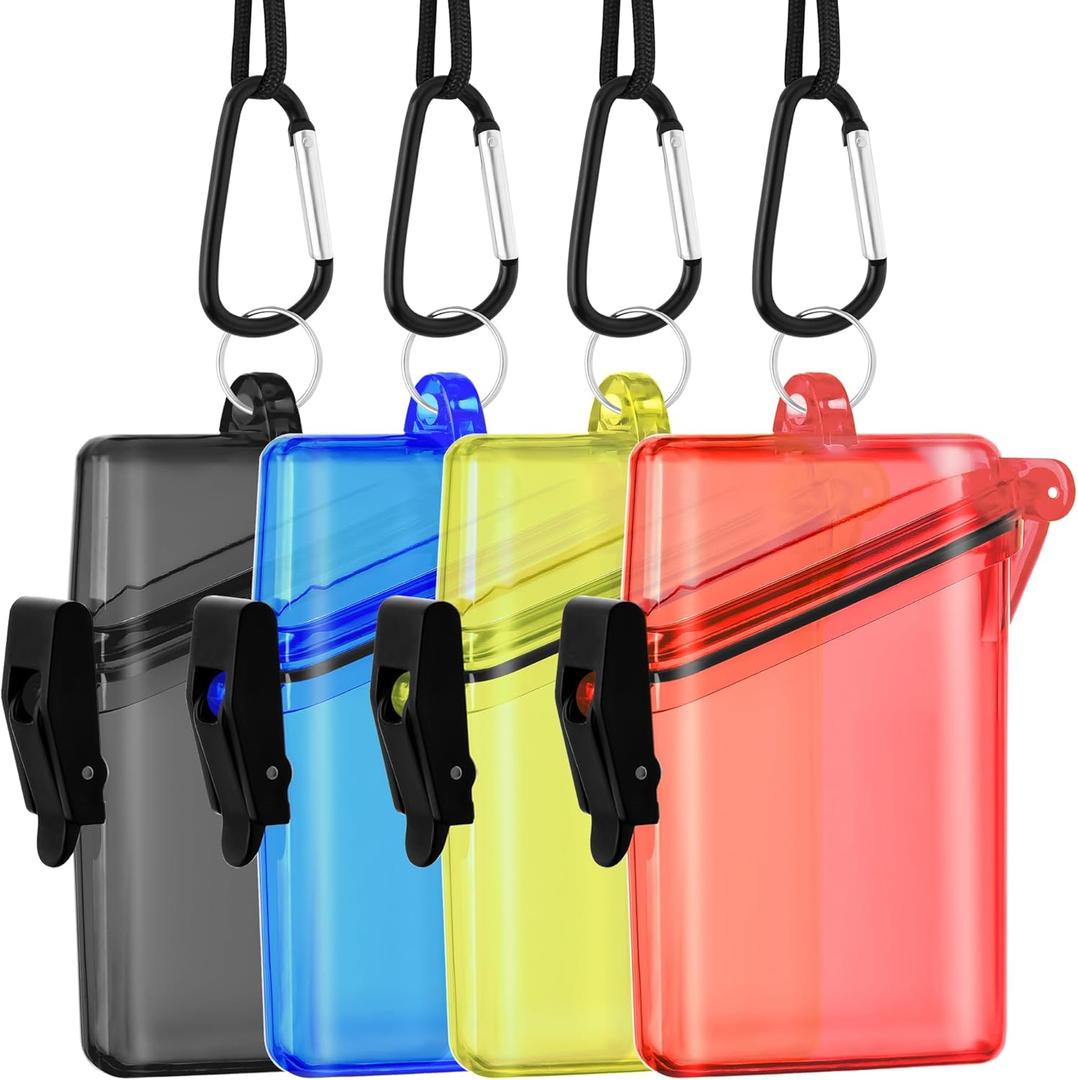 Mototo 4 Pack Waterproof ID Card Badge Holder Case Multicolour ID Holder Waterproof Card Holder for Swimming with Lanyard and Keychain for Id Badges Credit Cards Keys Coin Locker Dry Box, 4 Colors (Black, Red, Blue, Yellow)