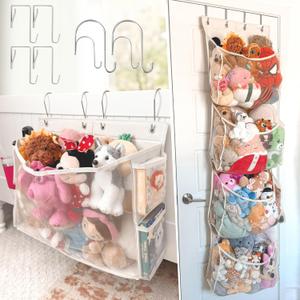 Stuffed Animal Storage | 2 in 1 Bedside and Over the Door Stuffed Animal Organizer | Space-saving Stuffy Holder with Extra Pockets | Kids Toys Hanging Plushie Holder with Reinforced Sides | Bed caddy