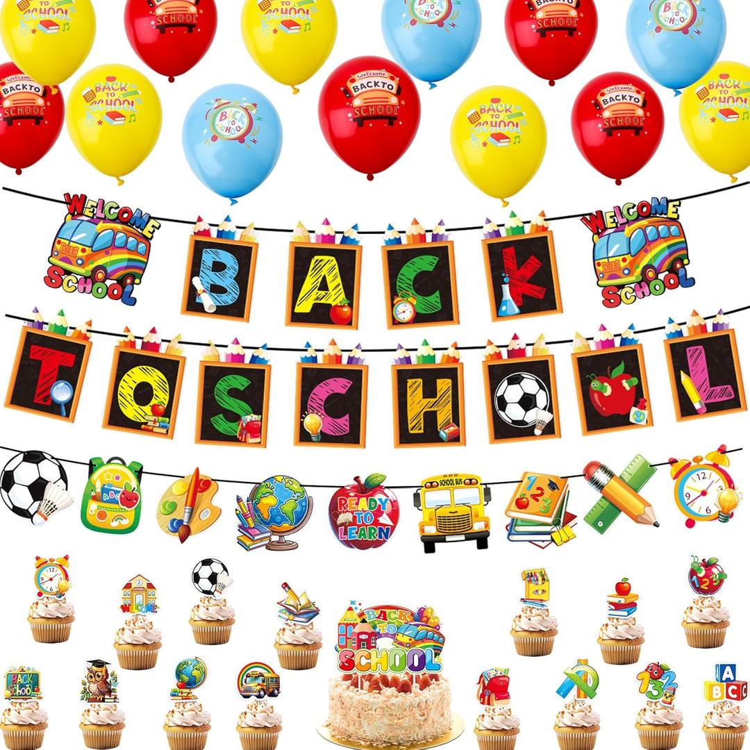 2 x 18PCS School Balloons 3 Strings School Banner16PCS Cake Toppers Colorful Classroom Decorations-Apple Pencil Bus Hanging for Kindergarten Preschool Elementary Party Supplies