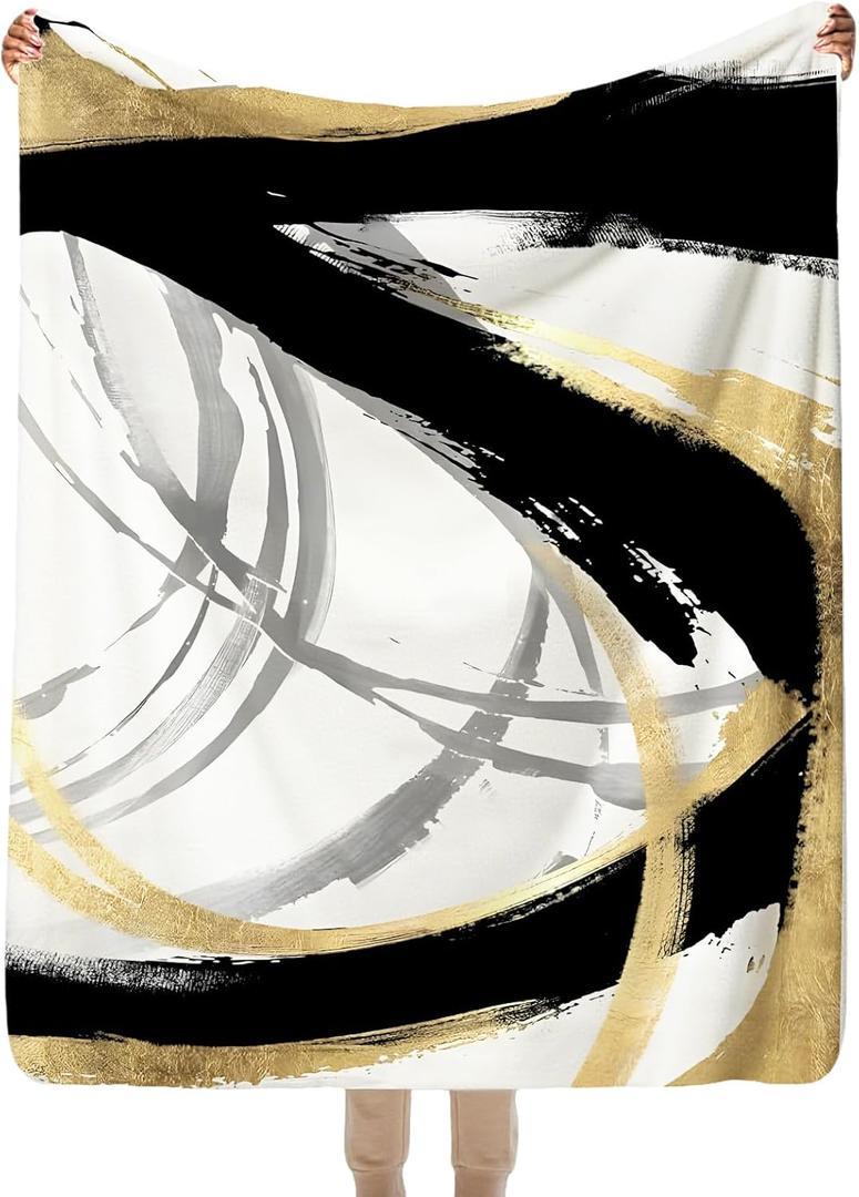 SPBL&L Black White and Gold Throw Blanket, Minimalist Modern Ink Line Throw Blanket for Bed Couch Bedroom Living Room, Modern Room Home Decor