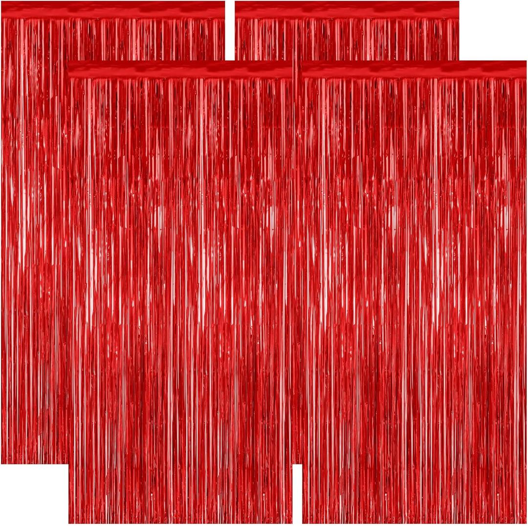4 Pack Red Backdrop, 3.28 FT x 7.05 FT Party Streamer, Valentines Day Metallic Birthday Tinsel Backdrop Foil Fringe Curtains, Door Streamer for Red Party Decorations Casino Decor Photo Booth Props