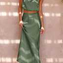 PRETTYGARDEN Women's 2 Piece Satin Outfits Summer Sleeveless Mock Neck Crop Tops and Long Skirt Dress Sets (Green, S)