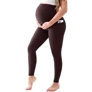 Walifrey Women's Maternity Leggings with Pockets Over The Belly,Pregnancy Yoga Pants Activewear Workout Leggings (Medium, Brown)