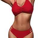 Zilcremo Women Two Piece Bikini Double Strap Swimsuits Hollow Out Bathing Suit Mid Waist Bikini Sets (Large, Red)