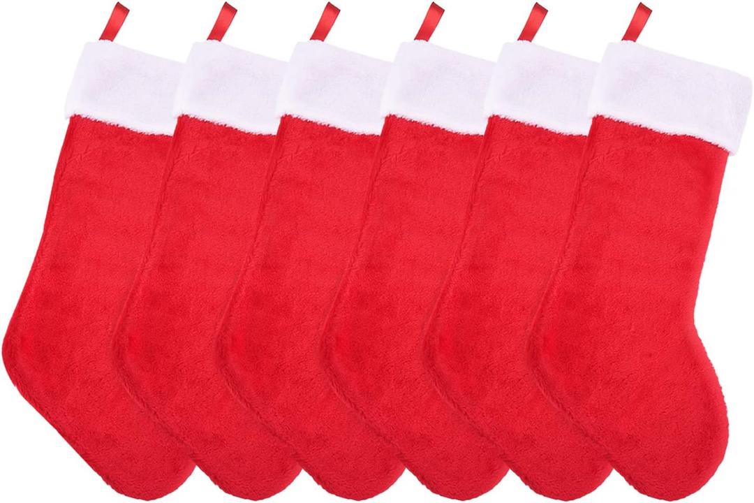 6 Pack Christmas Stockings Red and White Plush Fireplace Hanging Velvet Stockings for Christmas Decoration Supplies, 20 Inch