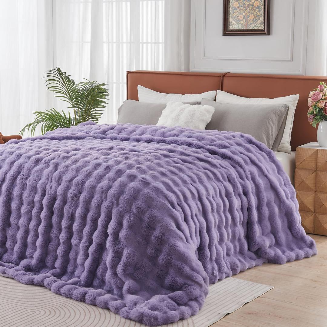 Lotus Karen Faux Fur Throw Blanket Purple - Big Bubble Rabbit Fluff Blanket for Couch Bed Sofa,Softest Fluffy Fuzzy Cozy Blanket,Thick Furry Plush Shaggy Warm Blankets for Women,90x90 Inches (Lilac)
