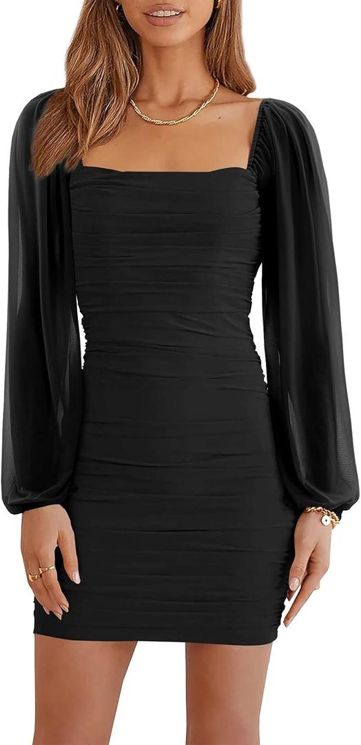 Women's Mesh Long Sleeve Dress Square Neck Ruched Mini Bodycon Dress Stretch Party Cocktail Dresses (Black, S)