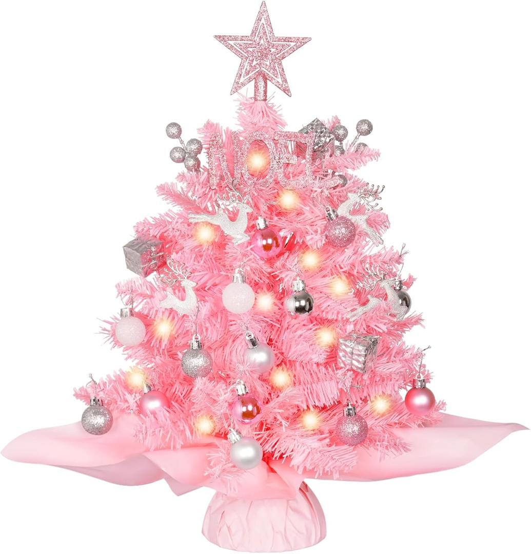 Wangchao Craft 20" Mini Pink Christmas Tree, Artificial Small Table Top Warm Lights, Star Treetop and Ornaments, Tabletop Christmas Tree for DIY Pink Christmas Decoration Gifts
