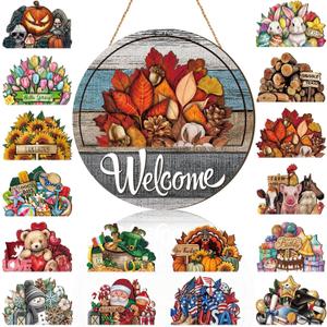 Yousoontic 17 Pcs 12 Inch Magnetic Welcome Door Sign Interchangeable Front Door Decor Rustic Fall Seasonal Hanging Sign Halloween Christmas Decor for Home Warming Gift(Retro Color,Grain Welcome)