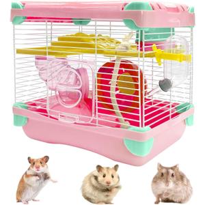 Hamiledyi Portable Hamster Cage 2 Layers Dwarf Hamster Habitat Small Animal Travel Cage with Exercise Wheel Hamster Enclosure Mouse Cage for Hamsters Mice Gerbils or Other Tiny Pets (Pink)
