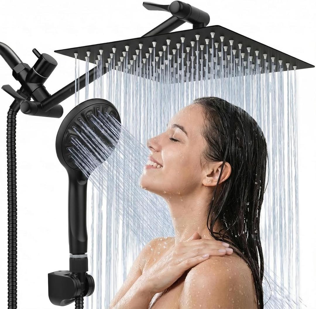 Tudoccy Shower Head, 8‘’ High Pressure Rainfall Shower Head/ Handheld Shower Combo with 11'' Extension Arm, 9 Settings Anti-leak Shower Head with Holder, Height/ Angle Adjustable, Matte Black