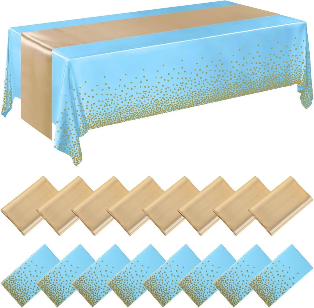 Tudomro 16 Pcs Teal and Gold Disposable Plastic Tablecloths and Satin Table Runner Set 54x108 Inch Tablecloth 12x108 Inch Table Runners for New Year Wedding Birthday Baby Shower Graduation