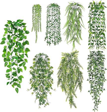 Der Rose 8Pcs Fake Plants Hanging Artificial Ivy Vine Faux Eucalyptus Hanging Plants for Home Boho Wall Shelf Indoor Outdoor Decor (White Pots)