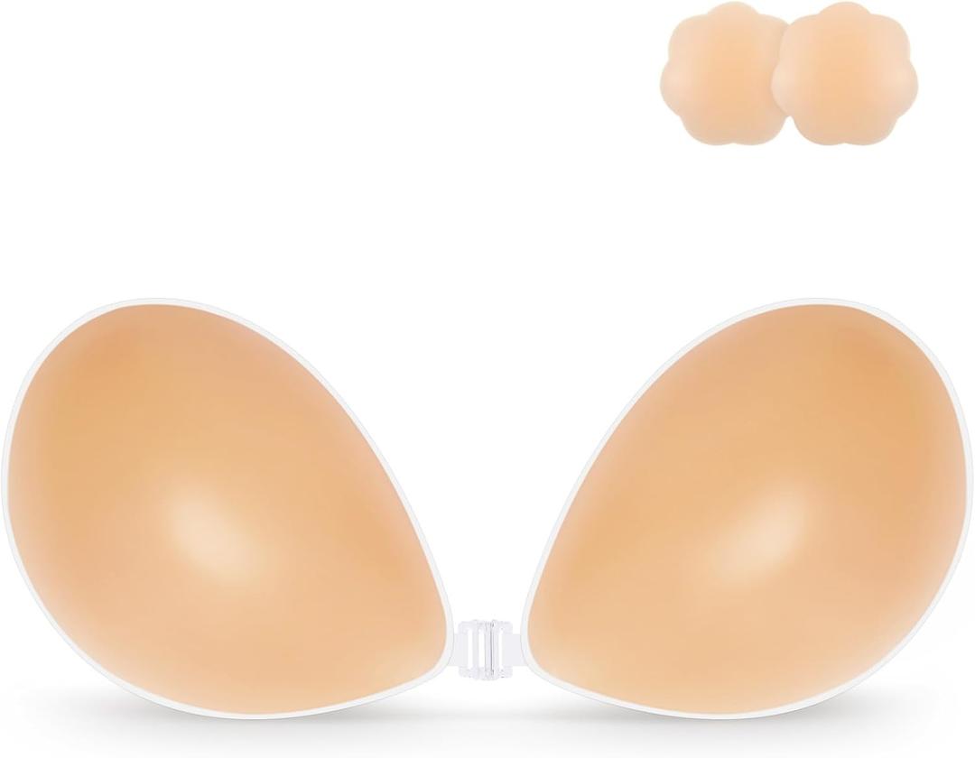 Niidor Adhesive Bra Strapless Sticky Invisible Push up Silicone Bra for Backless Dress with Nipple Covers (Creme)