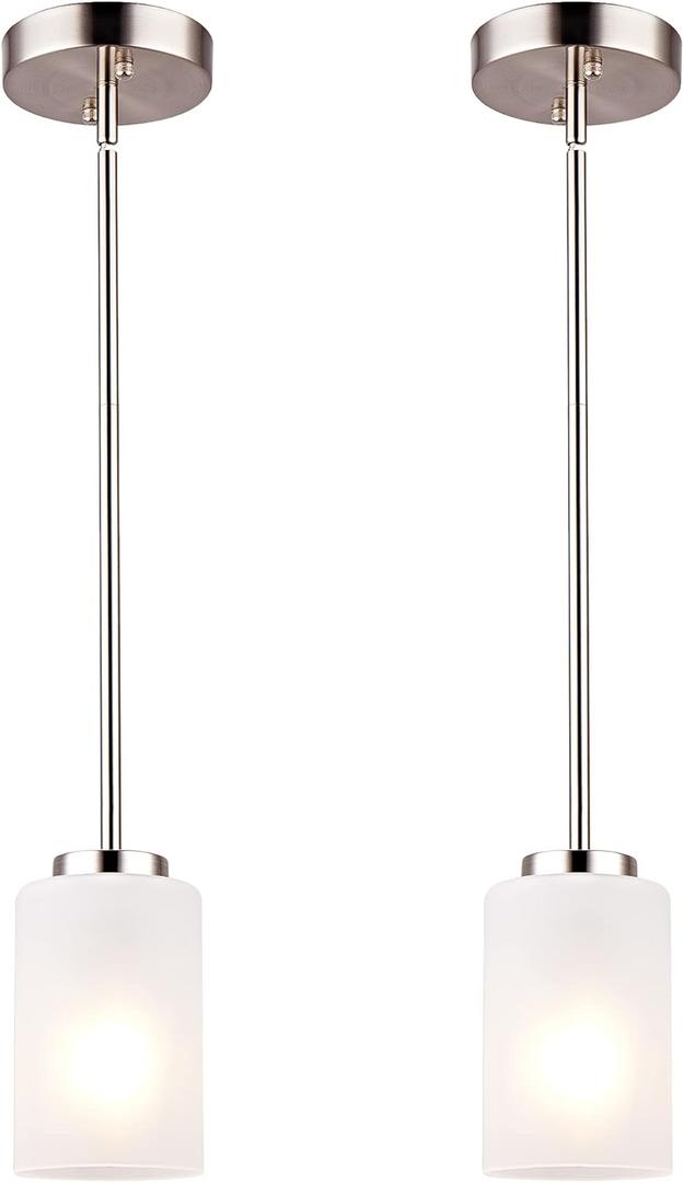 1-Light Mini Pendant Light Fixtures, Industrial Chandelier Hanging Ceiling Light with Opal White Shades, Adjustable Height, Brushed Nickel Pendant Lighting for Kitchen Bedroom Hallway, 2 Pack