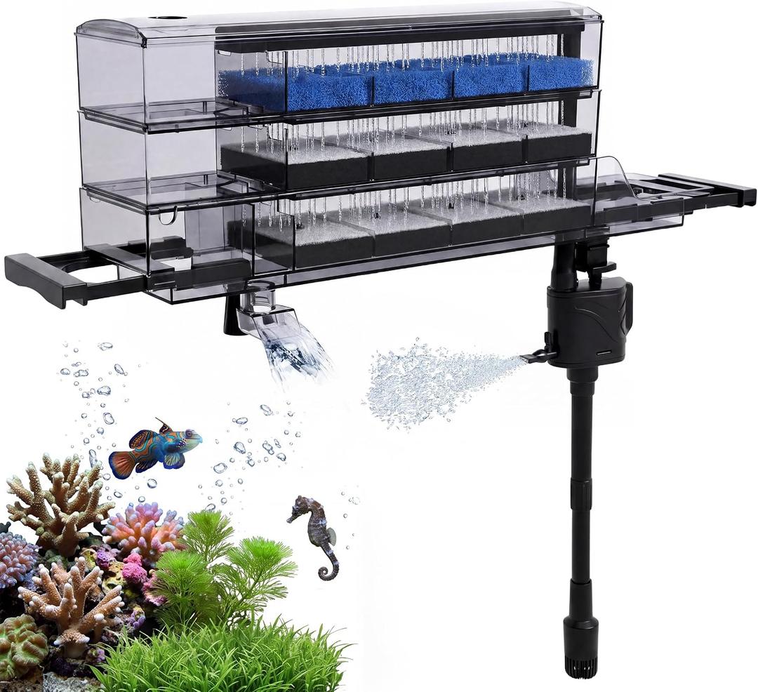 3-Tier Wet-Dry Trickle Aquarium Filter, Smoke Clear Filter Box, 476 GPH 3-in-1 Water Pump, Ultra Quiet, Adjustable Bracket, Easy Maintenance, For 20-80 Gallon Freshwater Saltwater Turtle Tanks