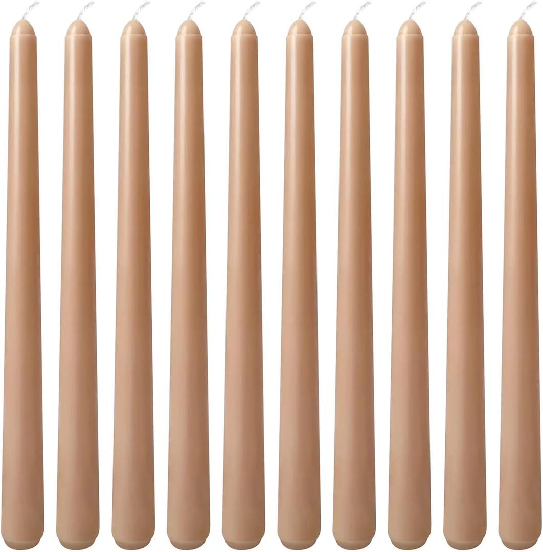10 Inch Light-Mocha Taper Candles for Home Decoration, 10 Pack Unscented Candlesticks for Dinner Wedding Party, Smokeless and Dripless Candle Sticks