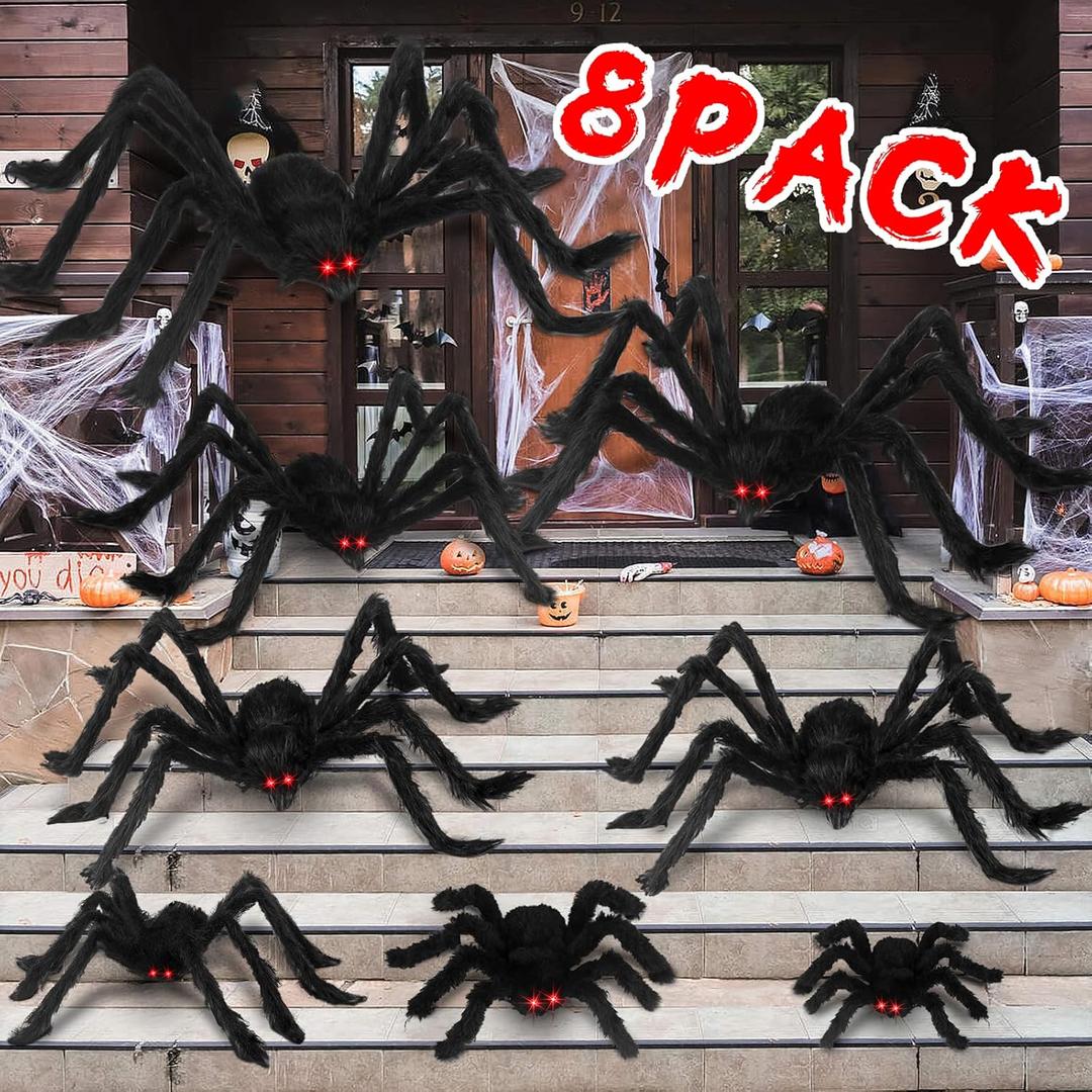 Acina Halloween Spider Gianr Decorations: 8 Pcs Realistic Hairy Spiders Set - Scary Fake Spider Props for Indoor, Outside Party and Yard Creepy Decor(8 Pack Black)