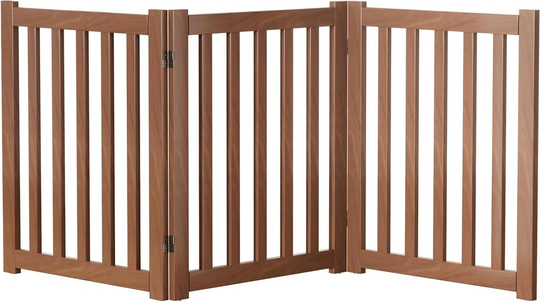 3-Panel Solid Wood Dog Gate - Freestanding Folding Pet Gate for Doorways, Stairs, Indoor, 24" Height, No Installation Needed, Walnut