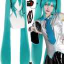 Wig Cap + 4Pcs Long Green Cosplay Wig with Earphone and Hair Accessory Teal Straight Synthetic Anime Wigs with Double Ponytail for Women Costume Green Wigs for Halloween Costume Outfit