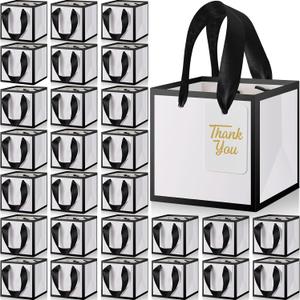 Kolldenn 100 Pcs Small Gift Bags with Handles Metallic Paper Square Valentine's Day Gift Bags Bulk with DIY Blank Thank You Tags for Wedding Birthday Party Favor (4 x 4 x 4 Inches, White)