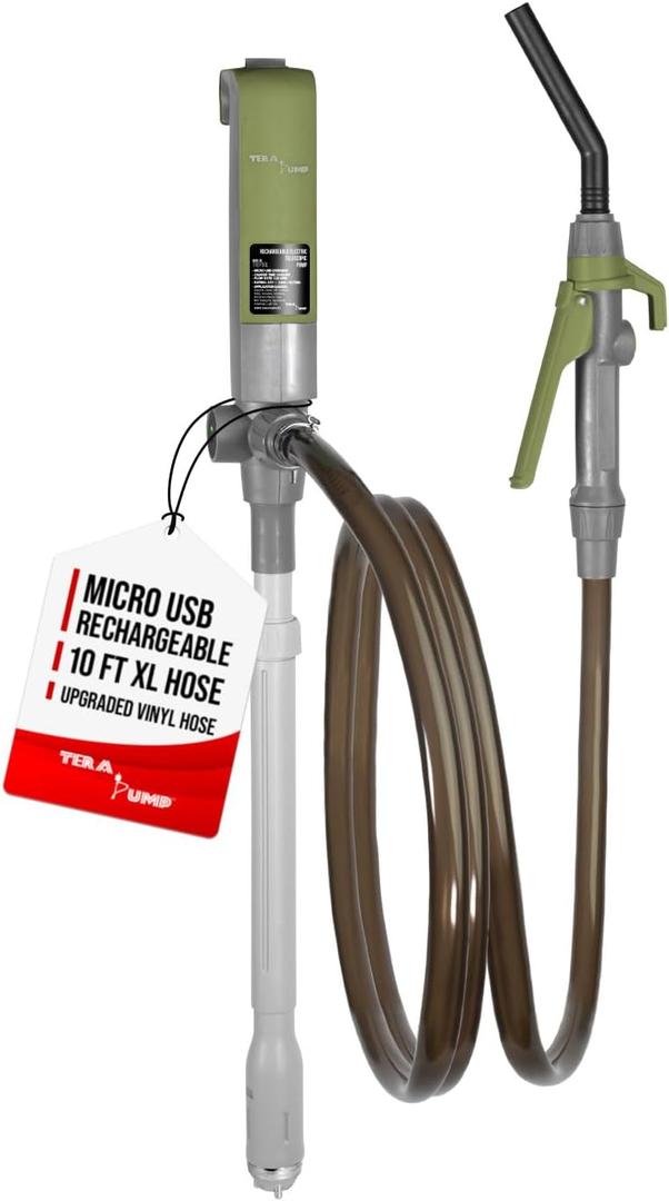 TERA PUMP Next Gen. 2x More Powerful Rechargeable Battery Liquid Transfer Pump (Up to 20% Faster Flow, 10.3 Liter/Min) Precise Nozzle Extra Long 10-ft. Hose for E85, Gas, Diesel, Kerosene and more (Green)