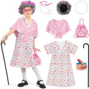 WooWee Kids Girl 100 Days of School Costume, Old Lady Costume for Kids, Halloween Cosplay Dress Up (5-7 Y, Pink)