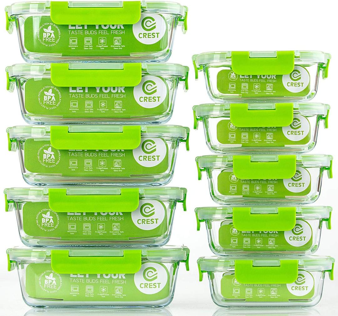 C CREST Glass Containers for Food Storage with Lids, [10-Pack] Meal Prep Containers for Kitchen, Home Use, BPA Free (Green)