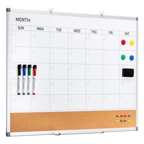 Comix Dry Erase Calendar Whiteboard Corkboard Combo, 36 * 24 inch Monthly Calendar and Bulletin Board Combination for Wall, Aluminum Frame Planner with Dry Erase Markers, Magnets, Push Pins