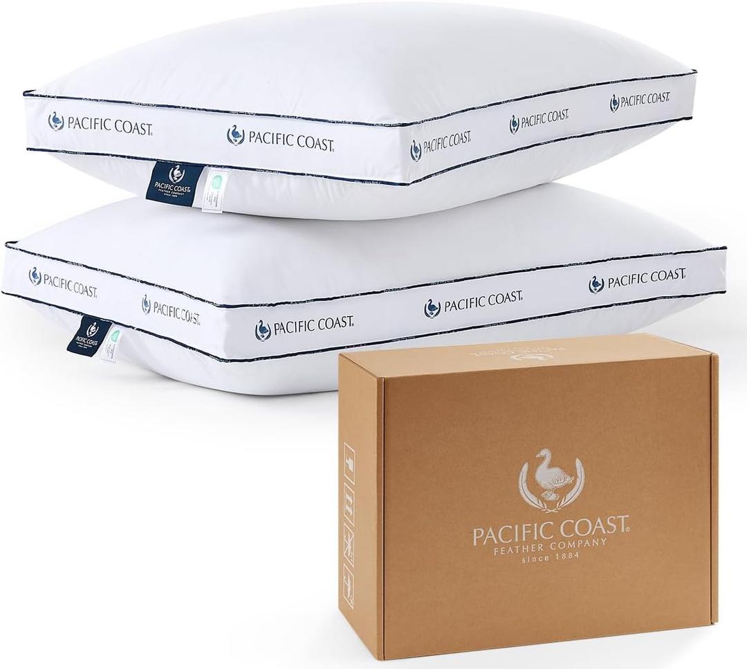 Pacific Coast Goose Feather and Down Firm Pillows Queen Size Set of 2, Bed Pillows for Side and Back Sleepers, Supportive Gusseted Hotel Collection Pillow with 100% Cotton Shell
