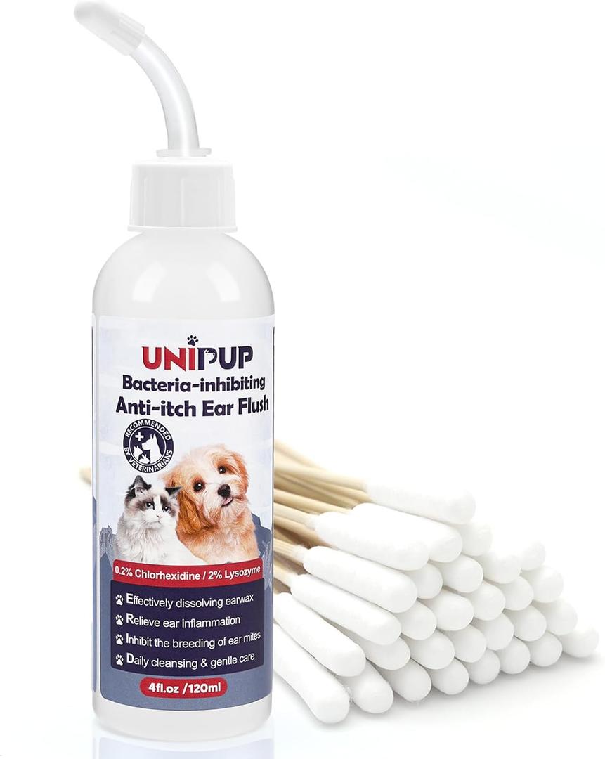 Dog Ear Cleaning SolutionEar Infection Treatment for Dogs & Cats to Mitigate Itching, Inflammation, and Odor for Maintaining Ear Hygiene, with 30 Cotton Swabs, 4 oz