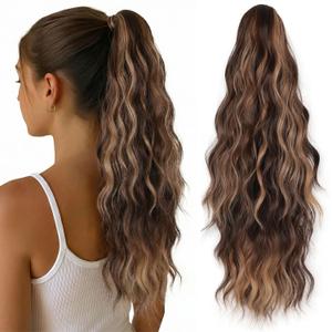 Claw Clip Ponytail Extension 18 Inch Synthetic Fiber Long Wavy Curly Ponytail Extension Fluffy Natural Looking Highlights Clip in Ponytail Hairpiece for Women (Dark Brown Mixed Honey Brown)