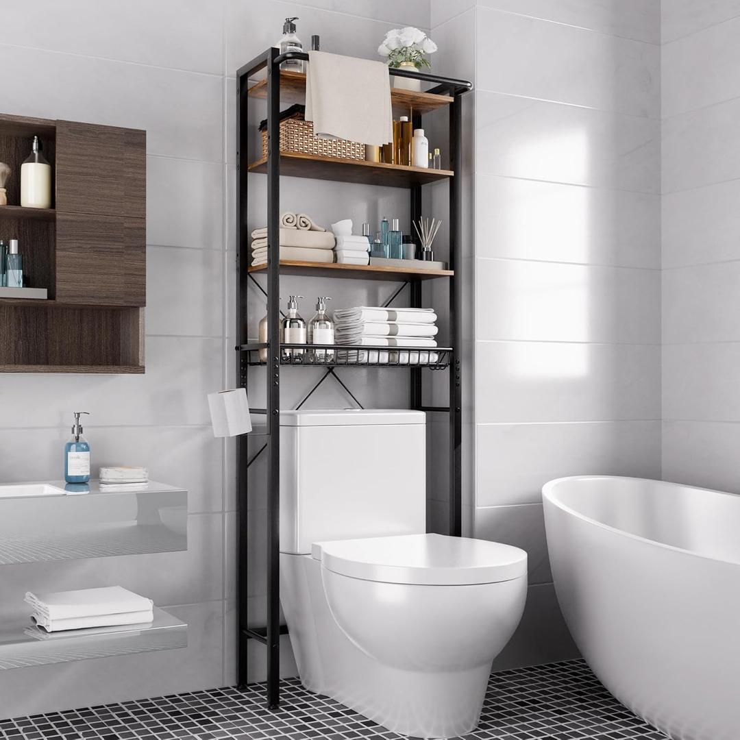 GRUSIGN Over-The-Toilet Storage Shelf, 4-Tier Bathroom Organizer Shelf, Freestanding Space Saver Shelves Over Toilet with Adjustable Shelf for Bathroom, Brown
