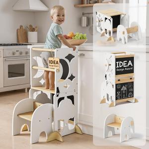 COSYLAND Toddler Standing Tower 4-in-1 Toddler Kitchen Stool Helper | Safety Rail, Foldable Standing Tower with Blackboard,Toddler Step Stool for Bathroom Sink, Kitchen Counter White and Natural