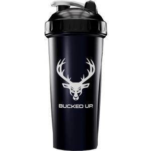 Bucked Up Perfect Shaker Bottle, 28oz, BPA-Free, Dishwasher Safe, Leak-Proof, Black Bottle with White Buck Logo